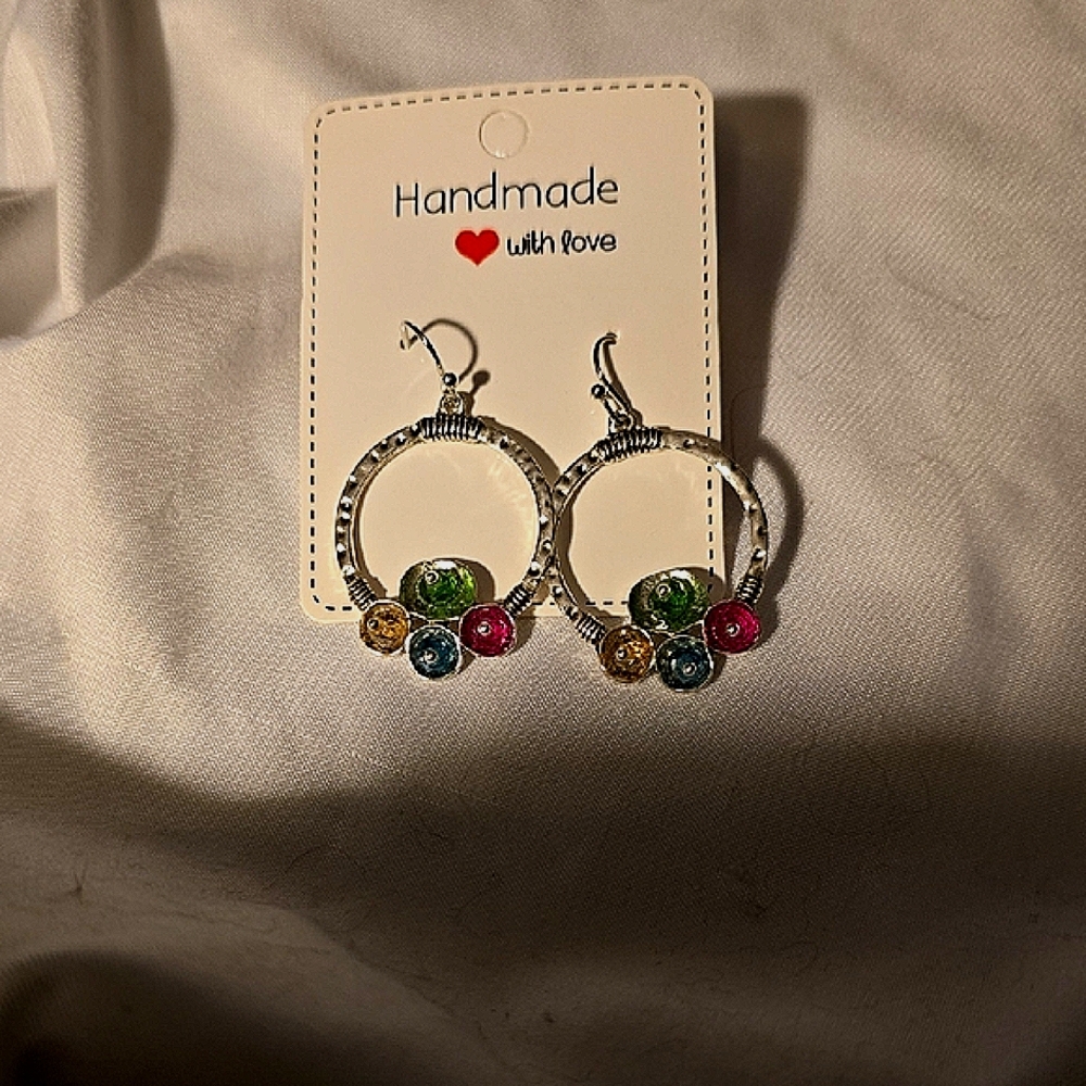 Silver Hoop Earrings with Multicolor Gemstones